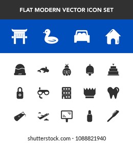 Modern, simple vector icon set with architecture, shrine, building, sky, estate, sign, mask, alarm, lady, car, seafood, bell, dessert, white, fashion, business, butterfly, ring, clothing, torii icons