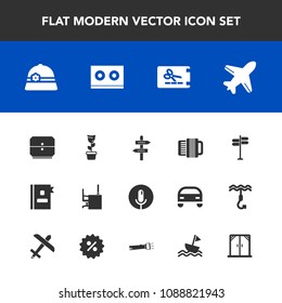 Modern, simple vector icon set with table, sail, phone, office, room, microphone, pot, hat, coupon, nautical, accordion, flight, street, voice, house, price, record, modern, airplane, sound, way icons