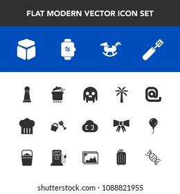 Modern, simple vector icon set with food, white, cooking, space, monster, screen, strategy, piece, horse, ufo, chess, king, travel, , technology, cube, mail, pan, watch, alien, restaurant, cloud icons