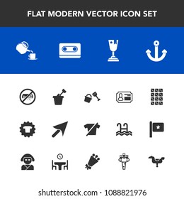 Modern, simple vector icon set with achievement, alcohol, sweet, chocolate, conditioner, food, sandbox, bar, kid, tea, cup, identity, shirt, clothing, cassette, wine, music, shovel, horse, air icons