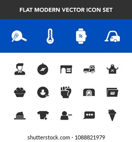 Modern, simple vector icon set with restaurant, cooking, human, transport, user, man, finger, compass, technology, boy, male, avatar, map, watch, desk, vehicle, chief, screen, domestic, vacuum icons