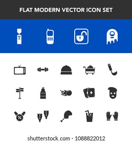 Modern, simple vector icon set with protection, glove, direction, street, astronomy, monster, open, spray, chicken, ladle, service, road, ufo, water, comet, stationary, telephone, food, cooking icons
