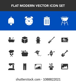 Modern, simple vector icon set with construction, coupon, trash, hour, recycling, chief, bin, screwdriver, bath, cook, hydrant, child, kitchen, bbq, safety, repair, template, watch, can, meat icons