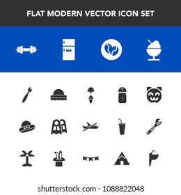 Modern, simple vector icon set with tap, fridge, seasoning, sunrise, technology, ufo, space, salt, animal, bathroom, nature, sink, kitchen, spaceship, spice, freezer, coffee, machine, plane, ice icons