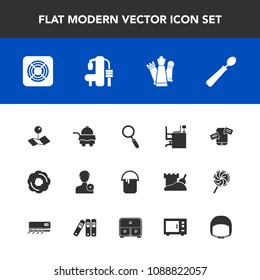 Modern, simple vector icon set with room, desk, fitness, king, painter, glass, spoon, map, table, account, interior, chess, person, house, communication, mobile, zoom, kitchen, dinner, member icons