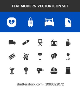 Modern, simple vector icon set with electricity, power, heart, luggage, technology, tv, broken, vehicle, mascara, screen, vessel, sea, mill, bag, brush, elegant, female, musical, shape, stroke icons