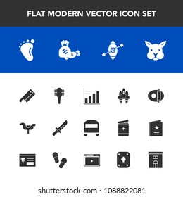 Modern, simple vector icon set with technology, food, beauty, comb, transportation, diagram, travel, pan, fork, data, horse, rabbit, craft, happy, axe, newborn, brush, child, foot, sailboat, kid icons