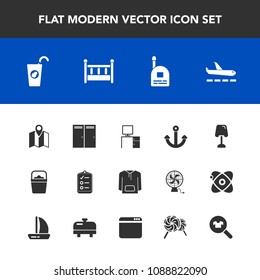 Modern, simple vector icon set with fresh, fashion, entrance, work, jacket, water, bed, cradle, home, interior, plane, marine, communication, lamp, table, location, clothing, mark, handle, list icons