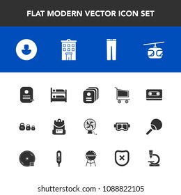 Modern, simple vector icon set with clothes, backpack, science, building, bag, cassette, human, fashion, identity, music, business, biology, kilogram, estate, weight, train, house, blue, hotel icons