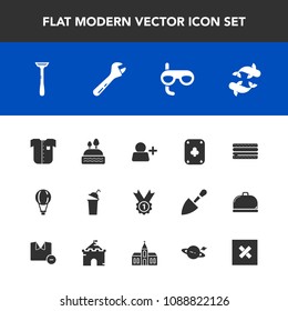 Modern, simple vector icon set with sport, wrench, sea, parachute, sign, winner, closed, award, snack, drink, scuba, dessert, cake, clothing, burger, account, cup, razor, food, extreme, mask icons