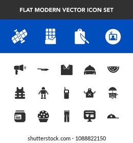 Modern, simple vector icon set with cutlery, tv, headwear, orbit, cap, sale, new, pants, space, kitchen, hat, white, clothing, jacket, telephone, chocolate, phone, mobile, technology, bar, knife icons