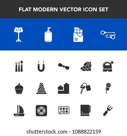 Modern, simple vector icon set with notepad, background, atlas, geography, chinese, magnet, play, music, restaurant, traffic, musical, knife, world, magnetic, ball, cake, soap, travel, energy icons