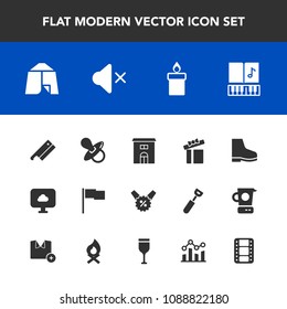 Modern, simple vector icon set with adventure, fire, fashion, building, celebration, business, mute, present, baby, wax, sign, axe, film, gift, percent, box, decoration, video, sale, footwear icons