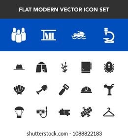 Modern, simple vector icon set with bowling, outdoor, microscope, camp, wheat, science, potato, construction, adventure, monster, vessel, notepad, boat, cone, biology, peeler, nature, research icons