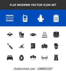 Modern, simple vector icon set with ufo, lollipop, brush, garbage, candy, pie, telephone, space, jacket, bow, object, gift, kitchen, spaceship, phone, old, help, lifebuoy, package, hygiene, food icons