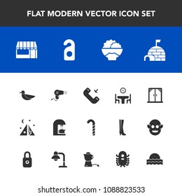 Modern, simple vector icon set with grain, table, rice, igloo, wildlife, tent, lollipop, agriculture, hairdryer, button, home, motel, camp, sweet, grocery, phone, food, call, candy, market, sign icons