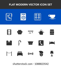 Modern, simple vector icon set with cappuccino, water, dessert, bath, coffee, shower, cook, drink, king, internet, sport, royal, phone, gas, clothing, oven, apron, bodybuilding, pendulum, health icons