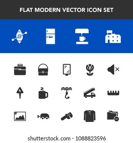 Modern, simple vector icon set with boat, city, flower, mute, banner, travel, freezer, road, house, business, hot, fridge, baby, repair, sign, coffee, hammer, ship, food, briefcase, carriage icons