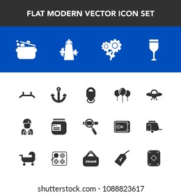 Modern, simple vector icon set with alien, play, ufo, anchor, food, wine, decoration, kitchen, red, location, game, pull, map, laptop, nature, blossom, jar, jam, flight, alcohol, up, business icons