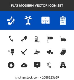 Modern, simple vector icon set with phone, shovel, autumn, toilet, construction, pagoda, girl, estate, telephone, fashion, building, location, beauty, tropical, stationary, rake, public, finance icons