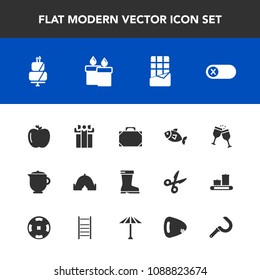 Modern, simple vector icon set with healthy, wine, food, tent, white, energy, sweet, teapot, hot, camp, holiday, travel, adventure, celebration, style, candle, fresh, fruit, bag, cake, fish, sea icons