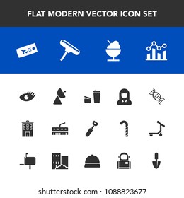 Modern, simple vector icon set with trend, music, food, business, airplane, kitchen, work, building, woman, icecream, real, graph, drink, face, young, travel, shovel, house, girl, plane, cooking icons
