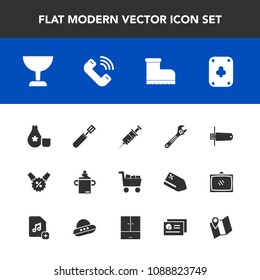 Modern, simple vector icon set with leather, plastic, cooking, dentistry, food, cuisine, pan, play, clinic, phone, japanese, button, game, cart, footwear, style, equipment, sake, milk, flash icons