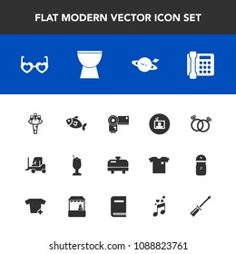 Modern, simple vector icon set with space, television, fashion, home, equipment, heater, seafood, drink, bar, fish, white, camera, saturn, photo, ring, alcohol, truck, cocktail, communication icons