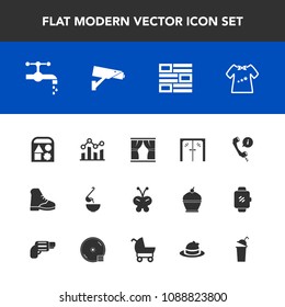 Modern, simple vector icon set with newspaper, headset, meal, ball, trend, beauty, chart, glass, bear, curtain, tap, water, play, business, handle, butterfly, faucet, spoon, door, security, home icons