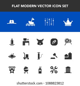 Modern, simple vector icon set with texas, cute, food, decoration, fire, paper, sail, space, work, royal, nature, light, globe, yacht, candy, delivery, package, business, office, crown, lollipop icons