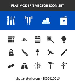 Modern, simple vector icon set with kitchen, saw, helm, present, direction, construction, microphone, fashion, karaoke, oven, cutter, audio, knife, wheel, music, idea, find, fork, luggage, bag icons