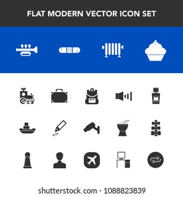 Modern, simple vector icon set with sweet, vessel, fashion, stationery, home, food, scan, toy, transport, machine, sea, style, backpack, music, school, surveillance, locomotive, object, health icons