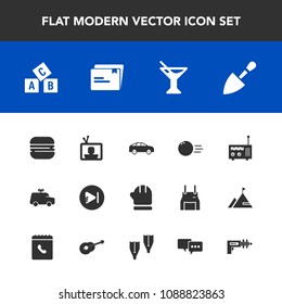 Modern, simple vector icon set with move, juice, tool, equipment, television, scarf, shovel, radio, screen, bus, music, warm, technology, season, left, sport, fun, direction, ball, play, child icons