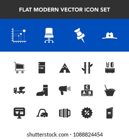 Modern, simple vector icon set with freezer, kitchen, cowboy, trolley, nature, travel, pin, white, asian, boot, chair, refrigerator, business, hat, adventure, foot, communication, equipment, map icons