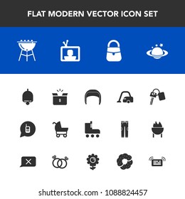 Modern, simple vector icon set with child, barbecue, housework, grill, globe, alarm, fun, bbq, auto, pram, belt, vacuum, telephone, sport, car, cooking, carriage, baby, package, automobile, ring icons