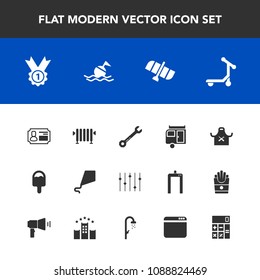 Modern, simple vector icon set with orbit, joy, id, heater, trailer, spanner, equality, journey, calculator, kite, transport, water, travel, life, award, station, space, chief, vacation, boiler icons