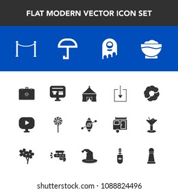 Modern, simple vector icon set with video, monster, king, cake, chess, medical, candy, travel, piece, weather, lollipop, sweet, rain, fiction, download, media, fence, sailboat, health, brush icons