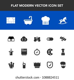 Modern, simple vector icon set with hanger, stove, child, technology, style, station, theater, business, orbit, sign, restaurant, data, bathroom, deactivate, nature, off, clothing, chief, switch icons