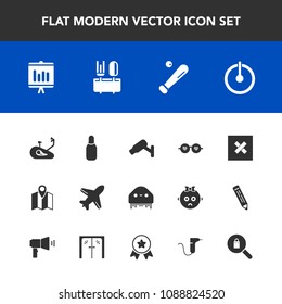 Modern, simple vector icon set with dinner, location, restaurant, hippie, map, plane, off, power, fitness, switch, style, bowling, flight, glasses, annual, baseball, security, bike, button, sign icons