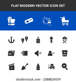 Modern, simple vector icon set with bag, karaoke, document, glass, equipment, volume, child, sound, carriage, package, flight, ticket, industry, baggage, marine, liquid, sea, container, flipper icons