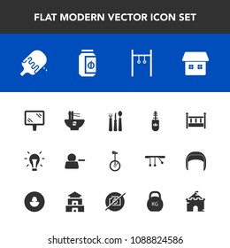 Modern, simple vector icon set with child, chinese, cradle, glass, medieval, ice, bed, meal, cream, delete, house, idea, restaurant, banner, bulb, energy, circus, street, exercise, electricity icons