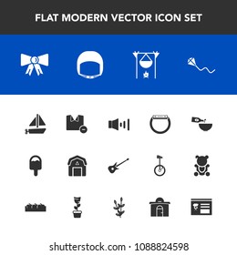 Modern, simple vector icon set with sound, flame, speaker, wood, suit, fashion, food, travel, ship, musical, time, watch, shirt, volume, fireplace, white, man, barn, toy, bonfire, kite, clothes icons