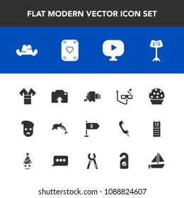 Modern, simple vector icon set with nature, headwear, video, scuba, location, poker, photo, transportation, graphic, finance, media, game, sport, dolphin, kimono, music, boat, ocean, pasta, hat icons
