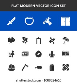 Modern, simple vector icon set with home, office, fork, umbrella, dinner, rain, report, xray, flower, builder, map, compass, table, industry, entrance, document, machine, video, parasol, work icons