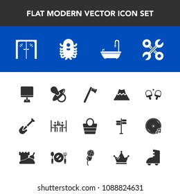 Modern, simple vector icon set with wrench, toilet, laptop, hammer, tennis, spanner, monster, infant, style, bathroom, leather, pc, door, object, game, child, industrial, sign, tool, computer icons