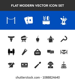 Modern, simple vector icon set with business, cooking, technology, agriculture, alcohol, food, fence, power, work, sausage, restaurant, bottle, grill, store, dinner, poker, wine, milk, hotdog icons