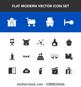 Modern, simple vector icon set with olive, house, armchair, healthy, estate, oil, real, food, dessert, light, candle, sweet, pin, pie, location, chair, doughnut, cute, seat, background, atom icons
