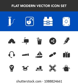Modern, simple vector icon set with adventure, tent, sound, social, travel, lamp, poker, ship, transportation, boat, mail, media, toy, camp, flashlight, music, drink, protective, microphone, box icons