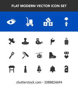 Modern, simple vector icon set with white, girl, flight, baggage, cooking, alphabet, education, sky, health, tool, plane, tap, cargo, stamp, bathroom, aircraft, beautiful, airplane, kitchen, ice icons