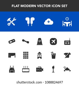 Modern, simple vector icon set with chocolate, business, tool, gift, add, food, flight, holder, table, audio, grass, road, dessert, family, home, music, garden, airplane, sound, background, bow icons
